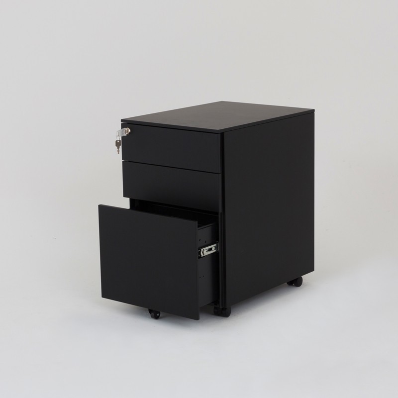 Vista de 3/4 de la cajonera metálica 2 cajones y archivador color negro con el cajón más bajo abierto