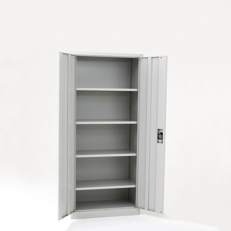 Vista de 3/4 del armario con puertas batientes altura 180 cm color gris con puertas abiertas