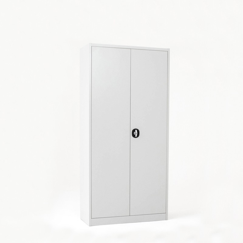 Vista de 3/4 del armario con puertas batientes altura 192 cm color gris con puertas cerradas