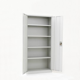 Vista de 3/4 del armario con puertas batientes altura 192 cm color gris con puertas abiertas