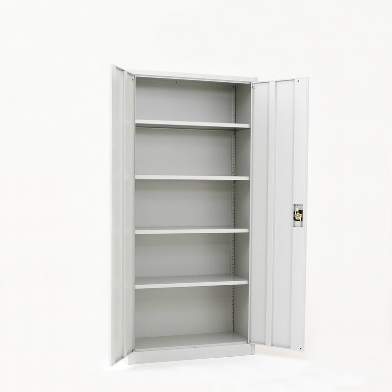 Vista de 3/4 del armario con puertas batientes altura 192 cm color gris con puertas abiertas