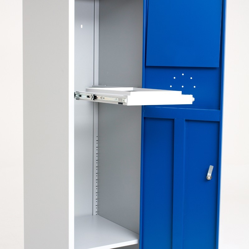 Vista de 3/4 del cajón con rieles telescópicos de la taquilla para ropa sucia