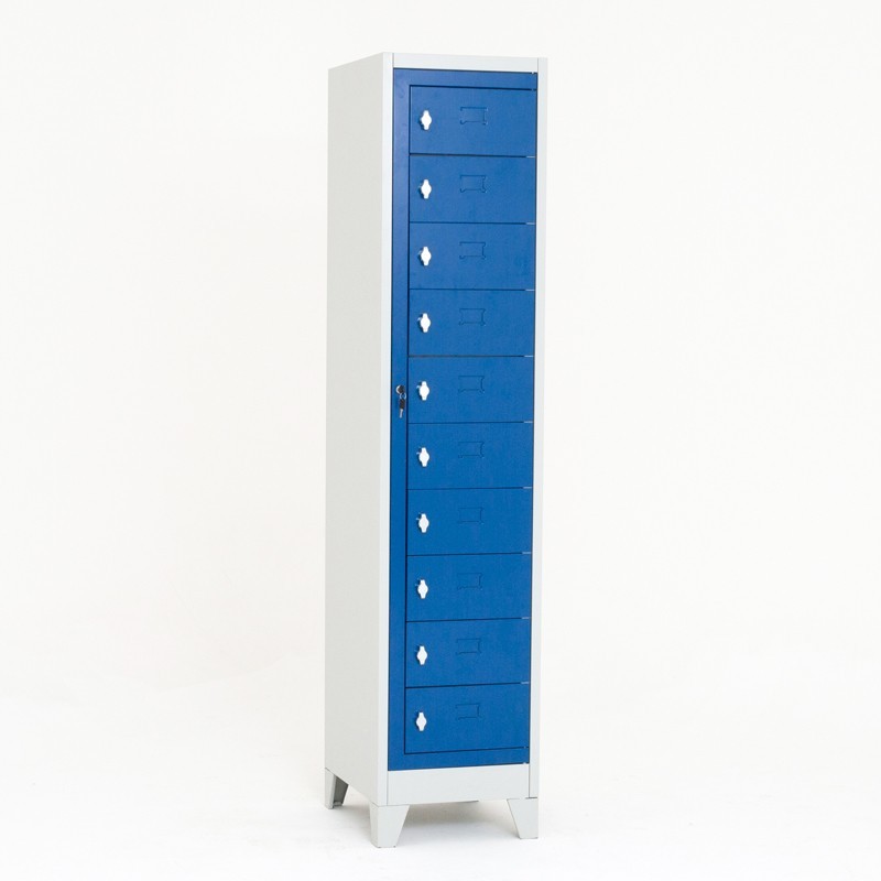 Vista de 3/4 de la taquilla para ropa limpia con patas y casilleros cerrados