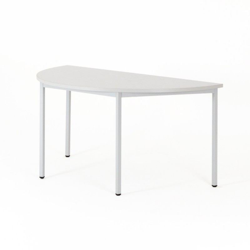 Vista de 3/4 de la mesa de oficina media luna color madera gris y patas grises Vista de 3/4 de la mesa de oficina media luna color madera de haya y patas negras
