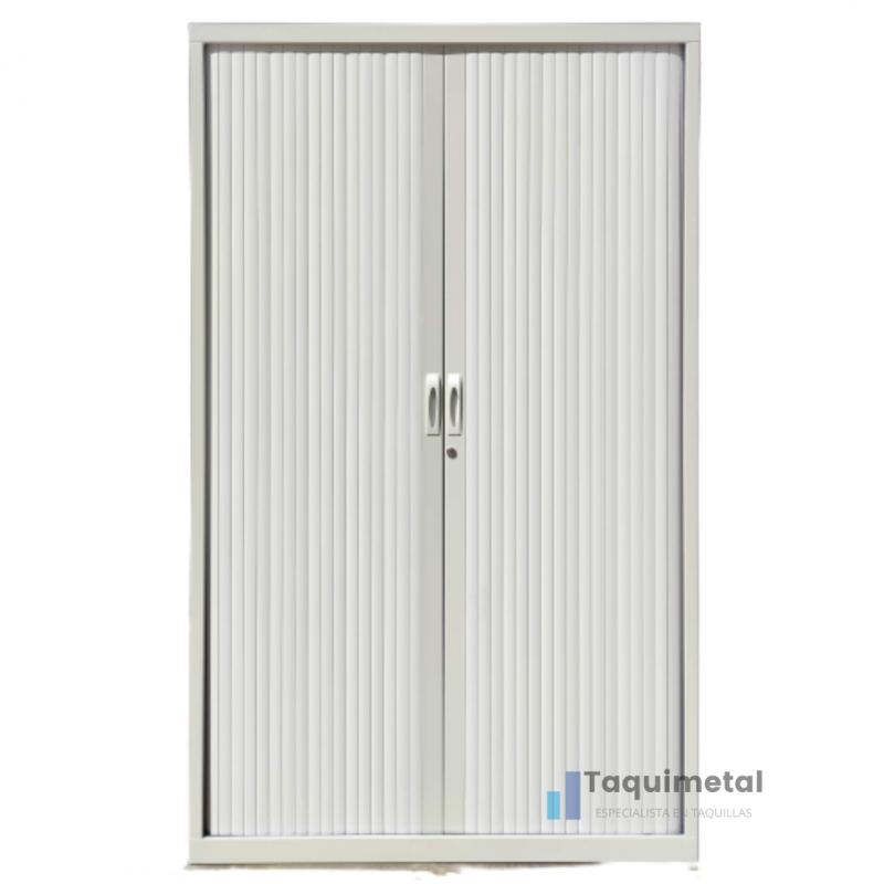Vista frontal del armario metálico con puertas correderas color gris claro con puertas cerradas Vista de 3/4 del armario metálico con puertas correderas color gris con una puerta abierta