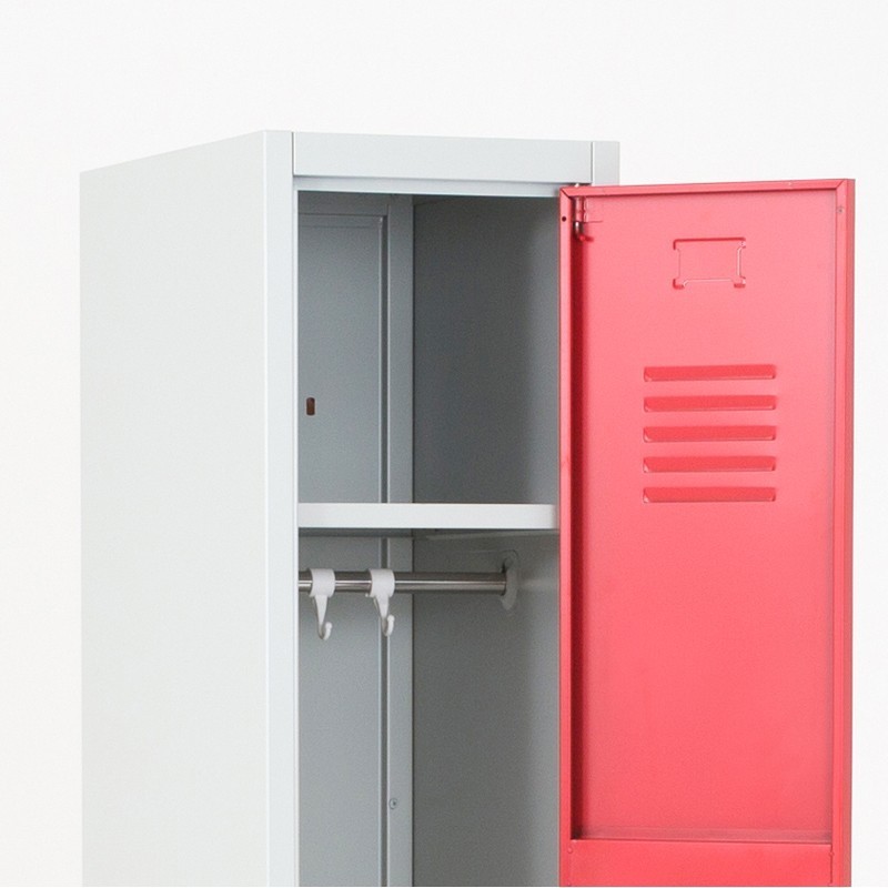 parte superior de la taquilla metálica roja 1 puerta  abierta