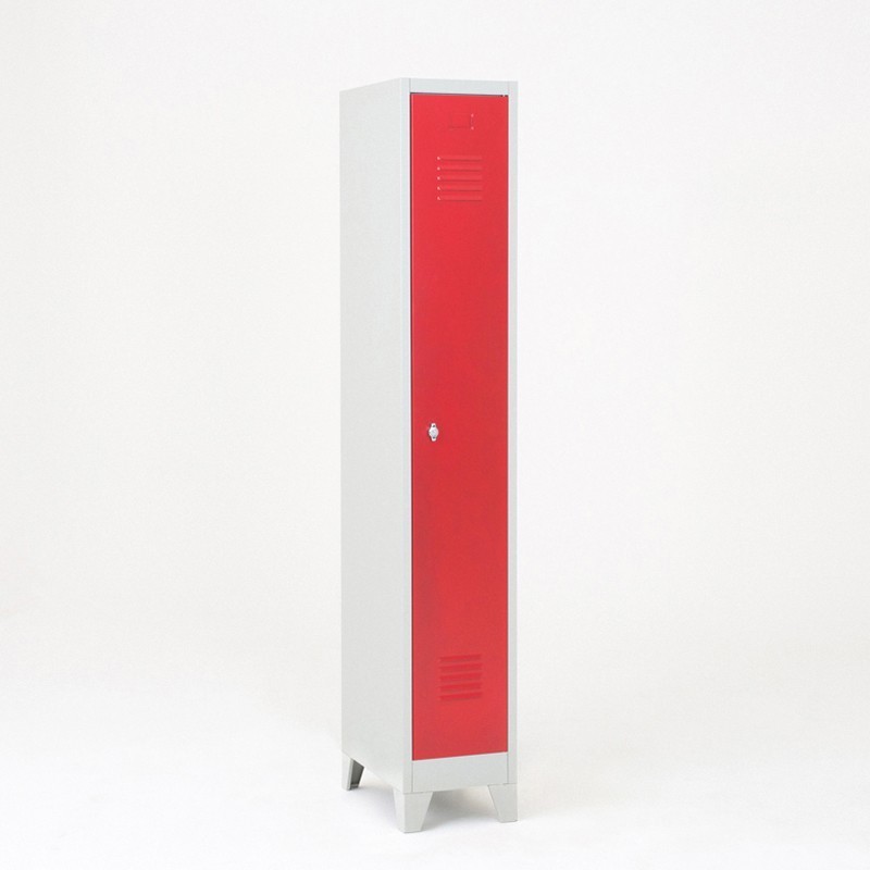 taquilla metálica roja 1 puerta cerrada con patas metálicas