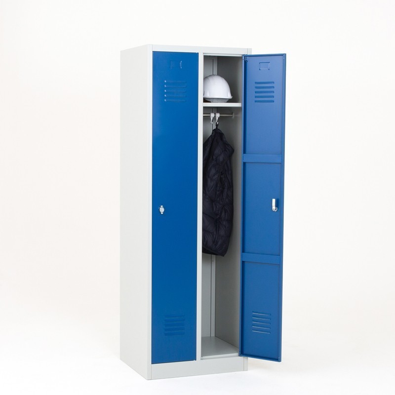 taquilla metálica azul 1 puerta 2 cuerpos abiertas con efectos personales