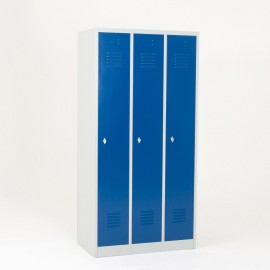 Vista de 3/4 de la taquilla metálica 1 puerta 3 cuerpos azul