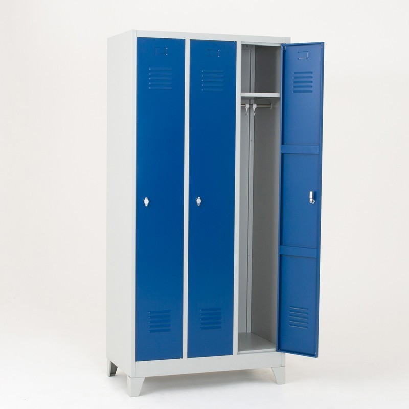 Taquilla metálica 1 puerta 3 cuerpos azul  con patas y un cuerpo abierto