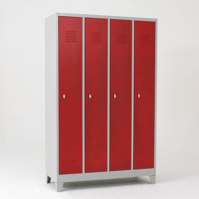 taquilla metálica roja 1 puerta 4 cuerpos cerrada con patas metálicas