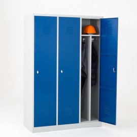 Taquilla 1 puerta 3 cuerpos azul con separación ropa limpia/sucia abierta con efectos personales