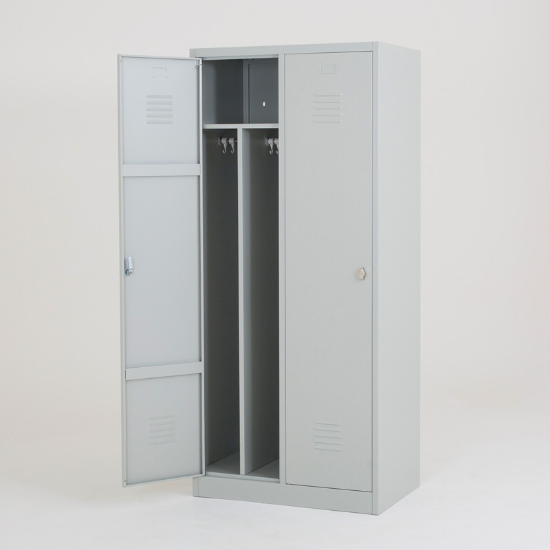 Taquilla 1 puerta 2 cuerpos gris con separación ropa limpia/sucia abierta