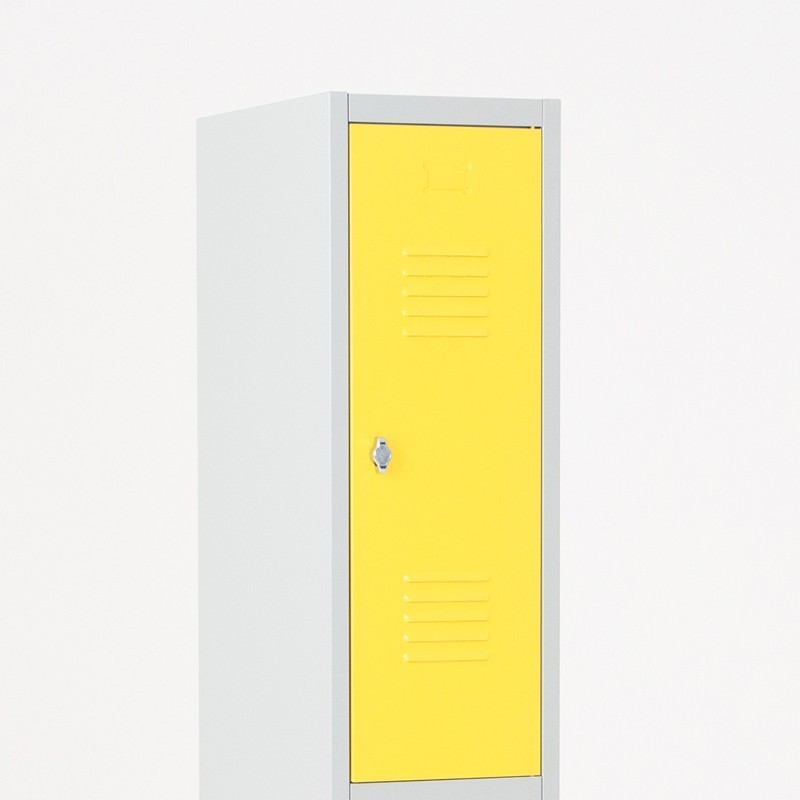 Zoom sobre la parte superior de una taquilla 2 puertas 2 cuerpos amarilla