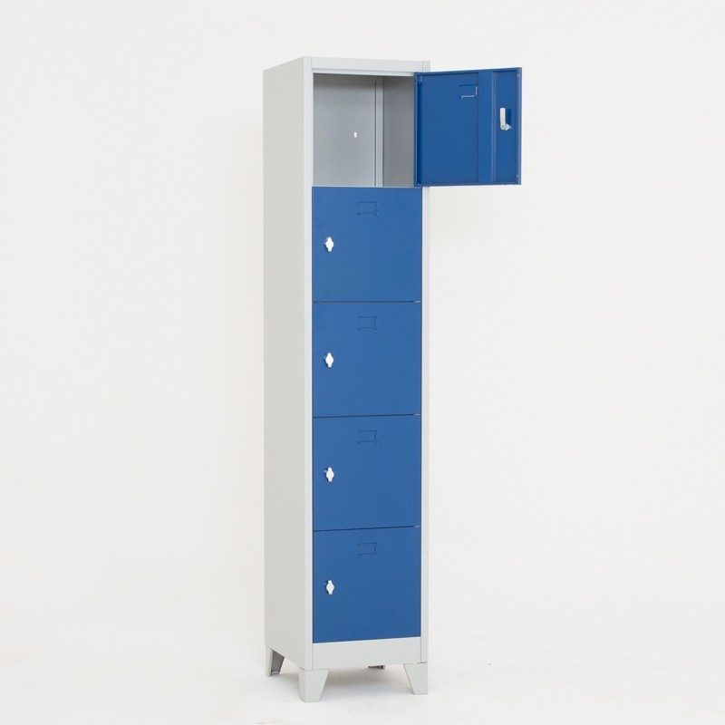 Vista desde 3/4 de la taquilla 5 puertas 1 cuerpo azul con patas y un casillero abierto