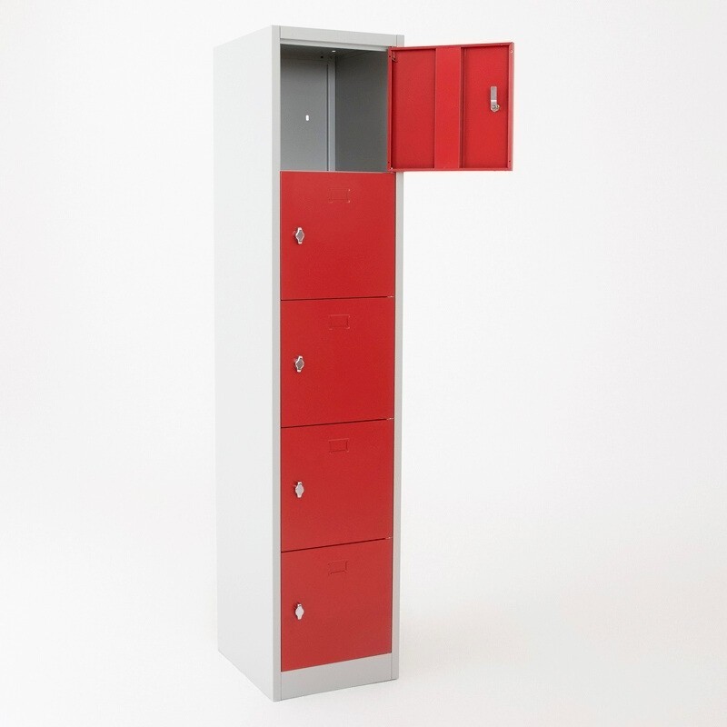 Vista desde 3/4 de la taquilla 5 puertas 1 cuerpo roja  con un casillero abierto