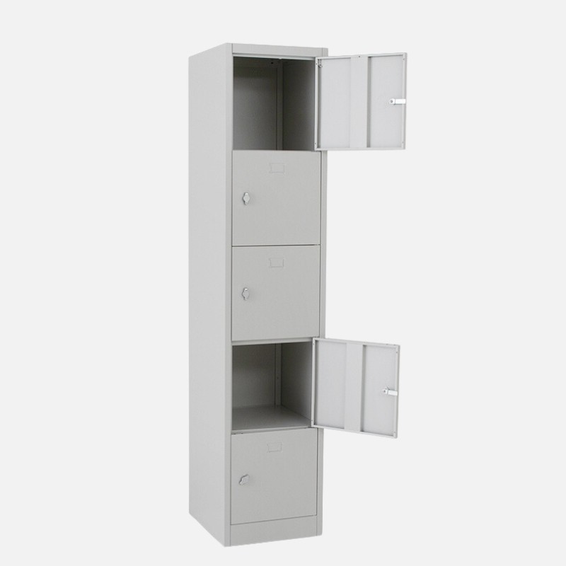 Vista desde 3/4 de la taquilla 5 puertas 1 cuerpo gris con dos casilleros abiertos