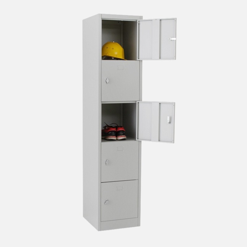 Vista general de la taquilla 5 puertas 1 cuerpo gris con dos casilleros abiertos con accesorios