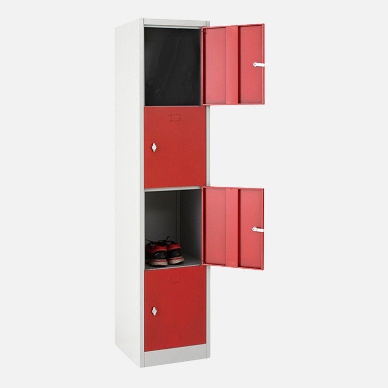 Taquilla 4 puertas 1 cuerpo roja con dos casilleros abiertos con accesorios