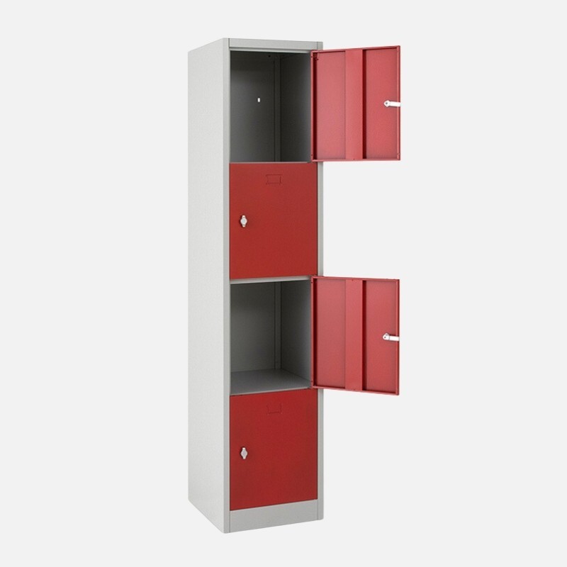 Vista desde 3/4  de la taquilla 4 puertas 1 cuerpo roja con dos casilleros abiertos
