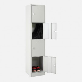 Taquilla 4 puertas 1 cuerpo gris con dos casilleros abiertos con accesorios
