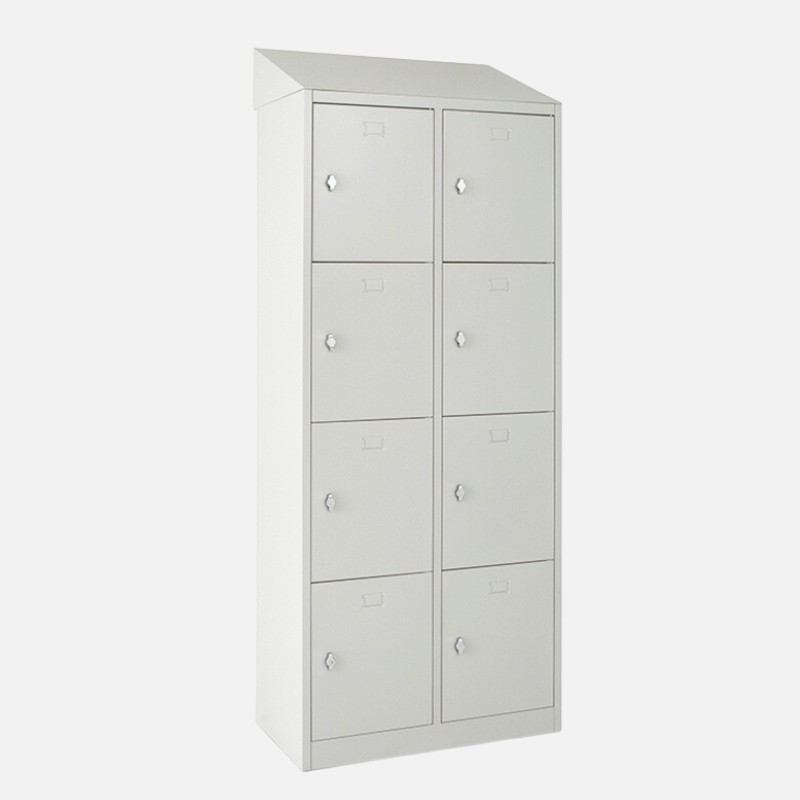 Vista desde 3/4de la taquilla 4 puertas 2 cuerpos roja con un techo inclinado