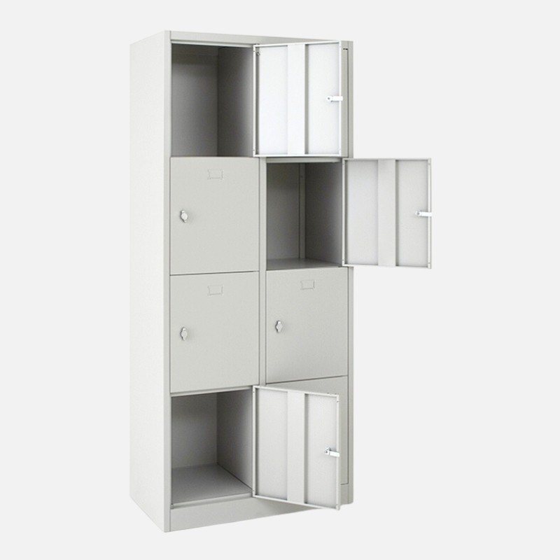 Taquilla 4 puertas 2 cuerpos roja con tres casilleros abiertos vista desde 3/4