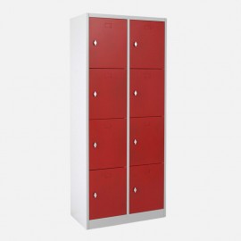 Vista general de la taquilla 4 puertas 2 cuerpos roja con casilleros cerrados