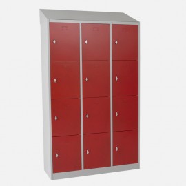 Taquilla 4 puertas 3 cuerpos roja ivsta desde 3/4 con un techo inclinado