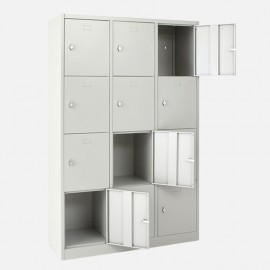 Taquilla 4 puertas 3 cuerpos gris vista desde 3/4 con tres casilleros abiertos