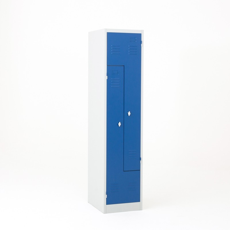 Vista general de la taquilla en L 1 cuerpo azul con puertas cerradas
