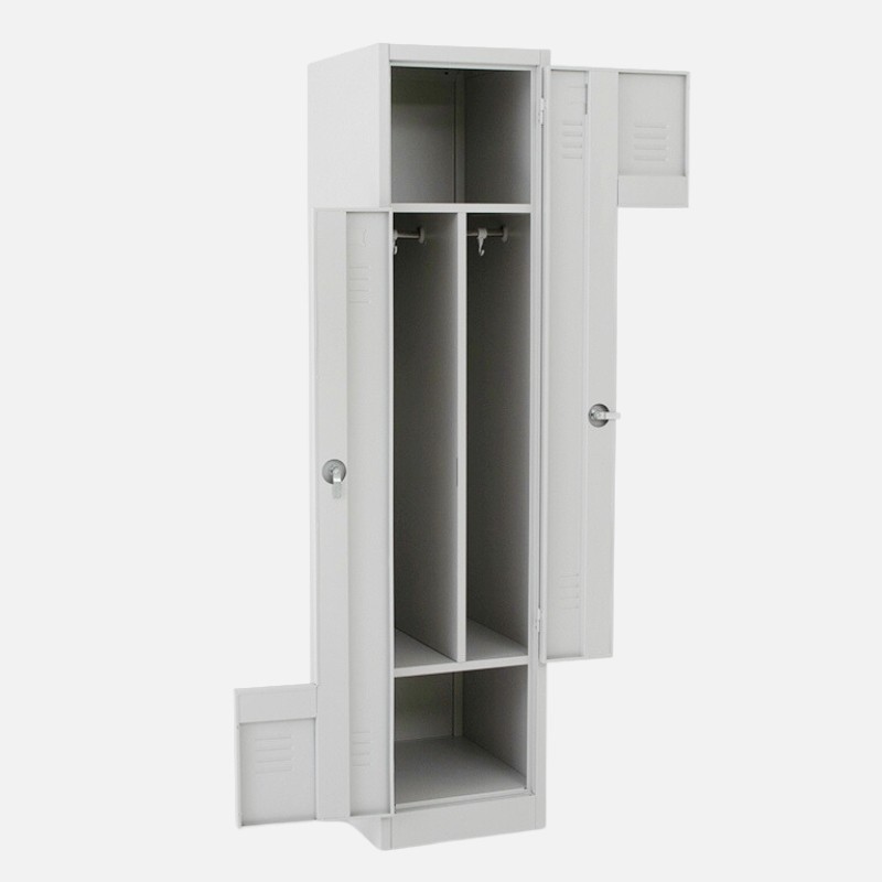 Taquilla en L 1 cuerpo gris con puertas abiertas vista desde 3/4