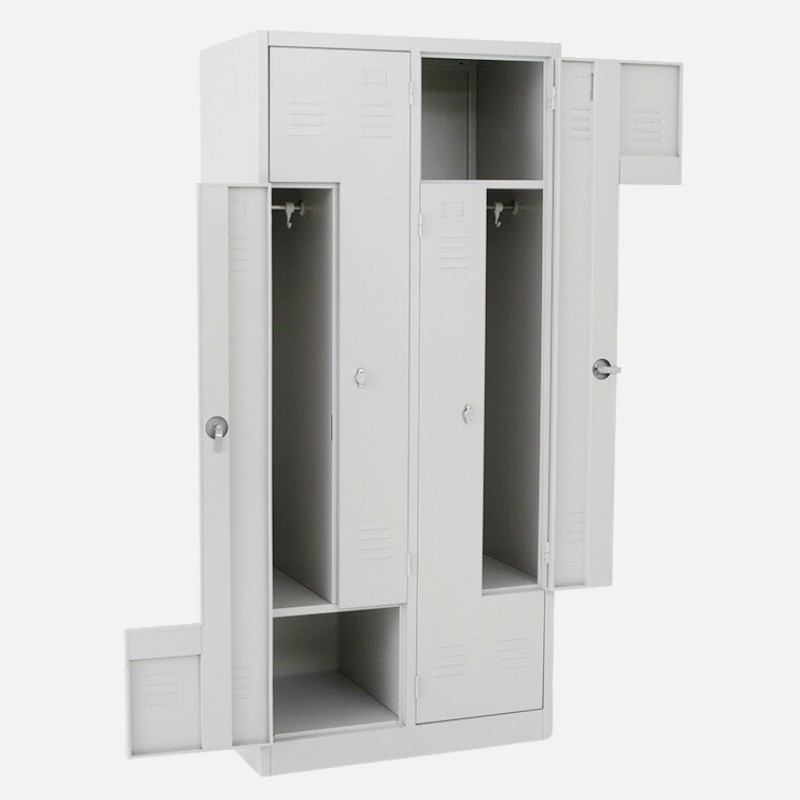 Vista desde 3/4 de la taquilla en L 2 cuerpos gris con dos puertas abiertas