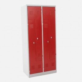 Vista general de la taquilla en L 2 cuerpos roja con puertas cerradas