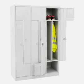 Taquilla en L 3 cuerpos  gris con dos puertas abiertas con ropa y accesorios