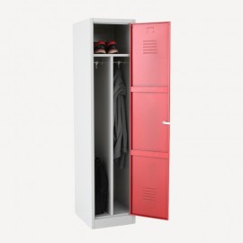 Taquilla 1 puerta 1 cuerpo roja con separación ropa limpia/sucia puerta abierta con ropa