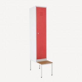 Taquilla 1 puerta 1 cuerpo roja con separación ropa limpia/sucia con un zócalo banco