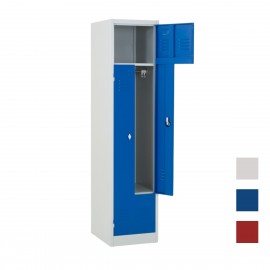 Taquilla en L 1 cuerpo azul vista desde 3/4 con una puerta abierta