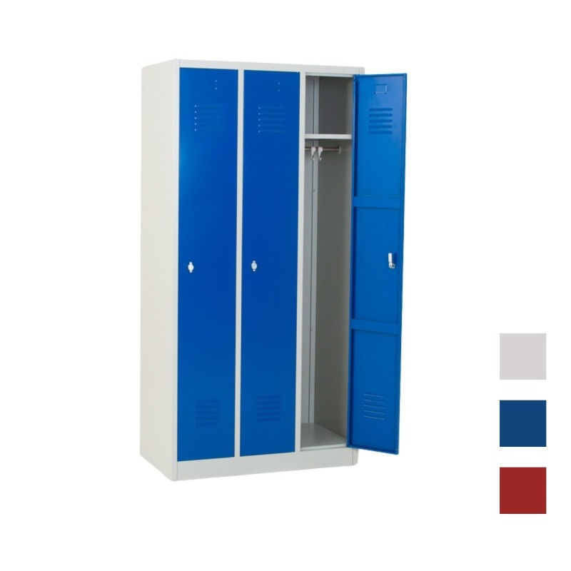 Vista desde 3/4 de la taquilla metálica 1 puerta 3 cuerpos azul con un cuerpo abierto
