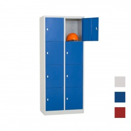 Vista desde 3/4 de la taquilla 4 puertas 2 cuerpos azul con un casillero abierto con un casco