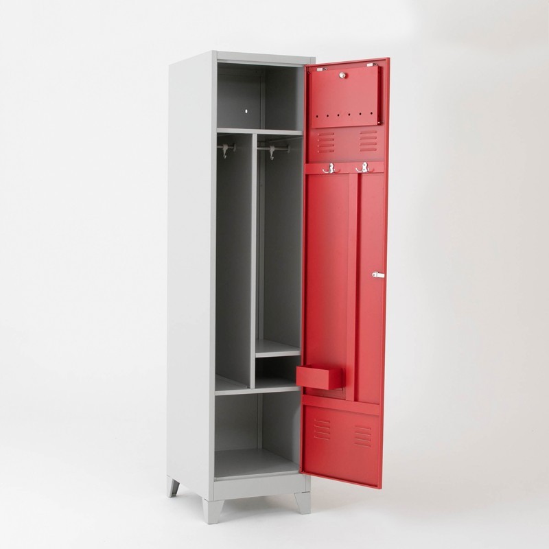 Vista de 3/4 de la taquilla para bomberos 1 puerta 1 cuerpo  con puerta abierta