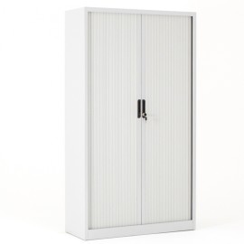Vista desde 3/4 del armario metálico con puertas correderas blanco