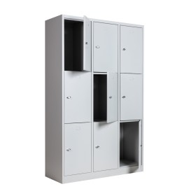 Taquilla 3 Puertas 3 Cuerpos gris con 3 puertas abiertas