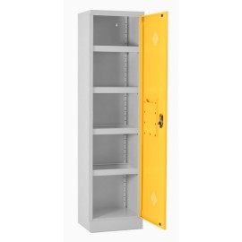 Vista de 3/4 del armario de seguridad 1 puerta abierta con accesorios