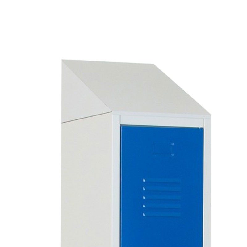 Vista desde 3/4 de la taquilla 4 puertas 1 cuerpo azul con casilleros cerrados