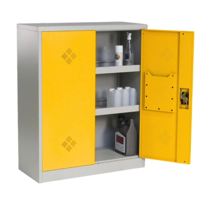 Armario fitosanitario Alt.115 cm 2 puertas amarillo abierto con productos vista general
