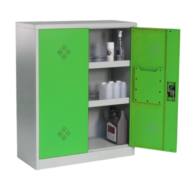 Vista general del armario fitosanitario Alt.115 cm 2 puertas verdes abiertas