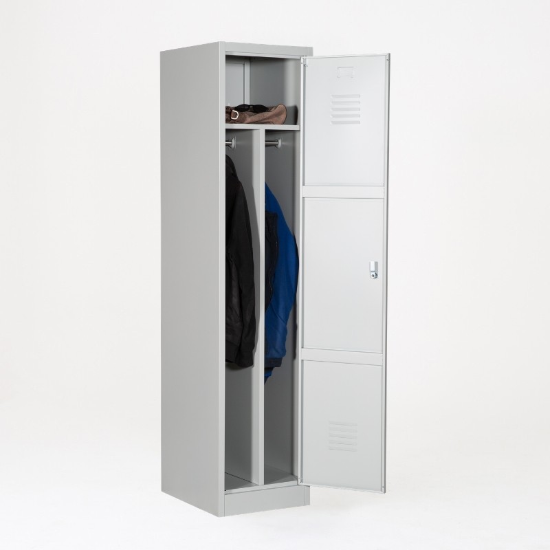 Taquilla 1 puerta 1 cuerpo gris con separación ropa limpia/sucia abierta con ropa