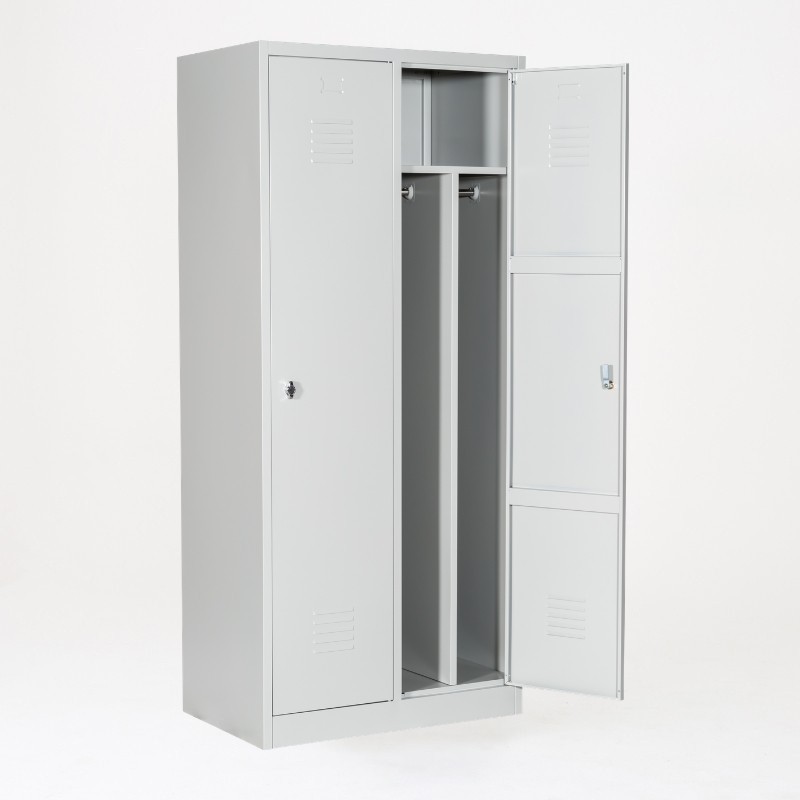 Taquilla 1 puerta 2 cuerpos gris con separación ropa limpia/sucia abierta