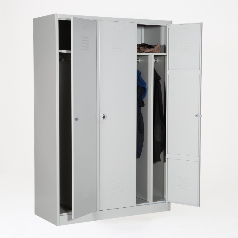 Taquilla 1 puerta 3 cuerpos gris con separación ropa limpia/sucia con 2 puertas abiertas